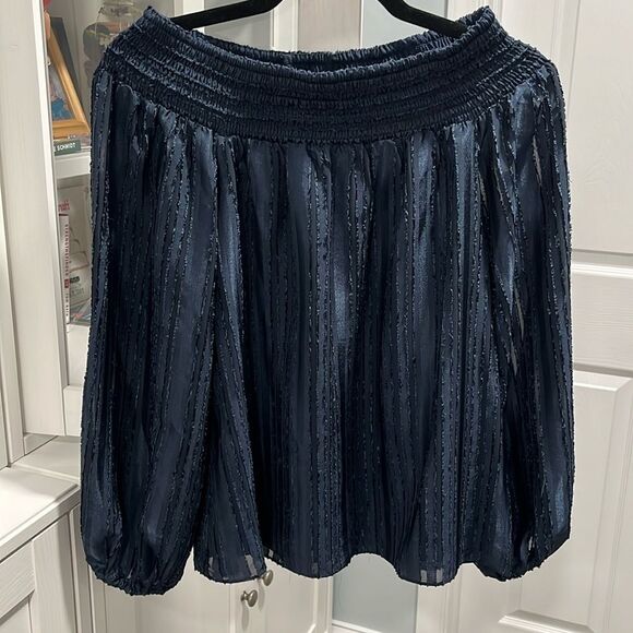 Parker Tops - PARKER (NWT) Smocked Off-The-Shoulder Smocked Neck Navy Blouse, Striped, Size S